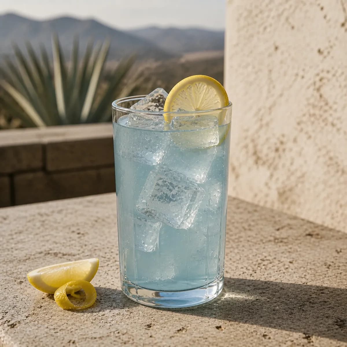 Electric Iced Tea in a tall straight-sided highball glass styled in an agave-country rooftop bar with pale volcanic stone, limewashed wall and distant dusty hills.