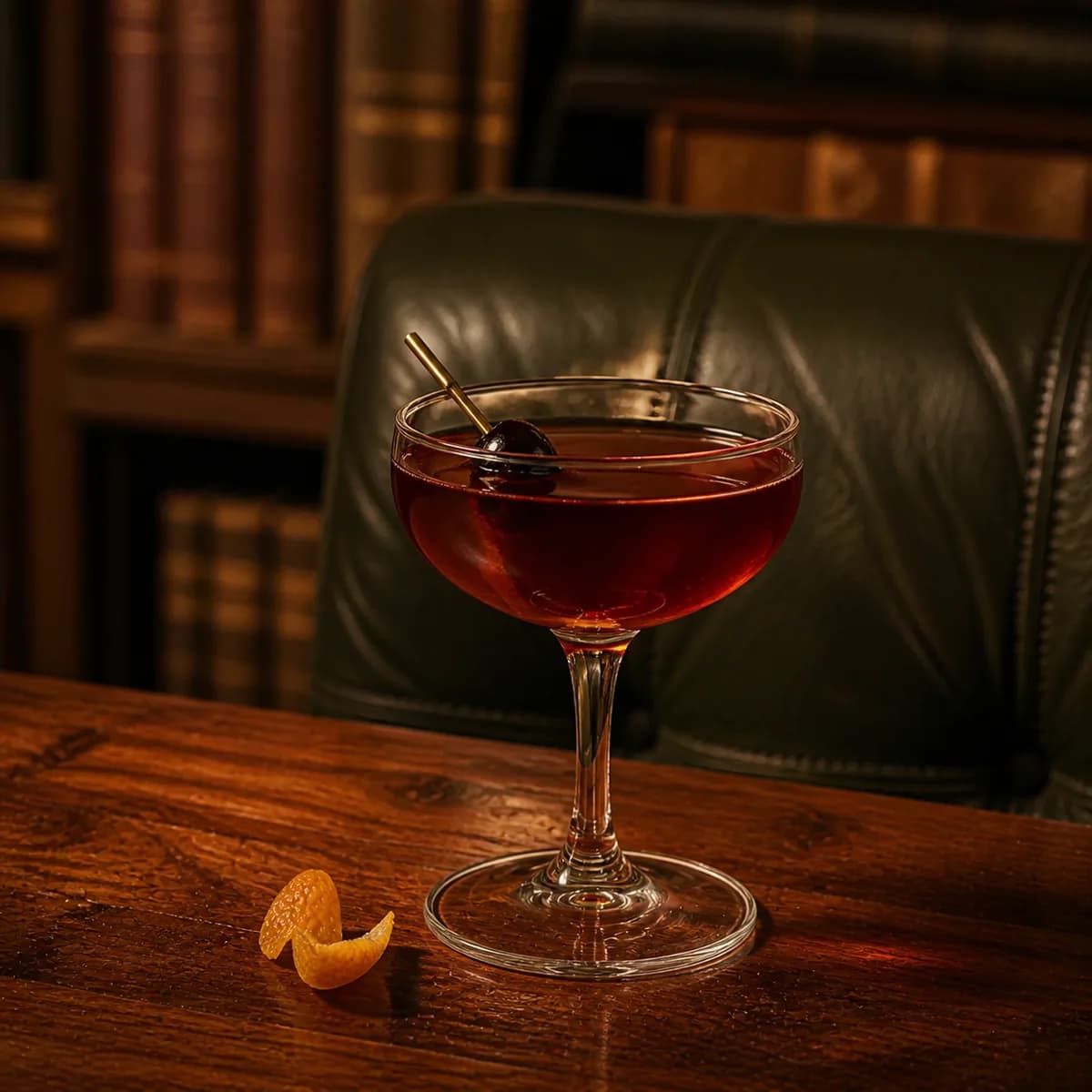 Emerald in a clear shallow coupe styled in a private library bar with deep olive leather, natural creases, off-centre seams and aged walnut.