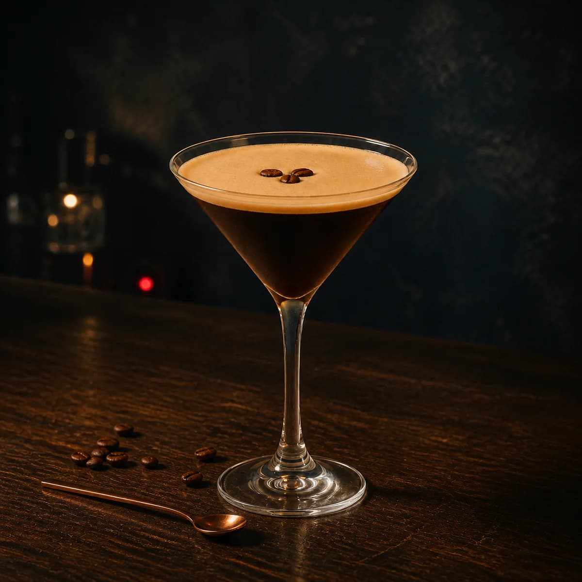 Espresso Martini in a sharp V-shaped martini glass styled in a quiet minimalist bar with chalky gray plaster, pale travertine and one off-centre chrome light.