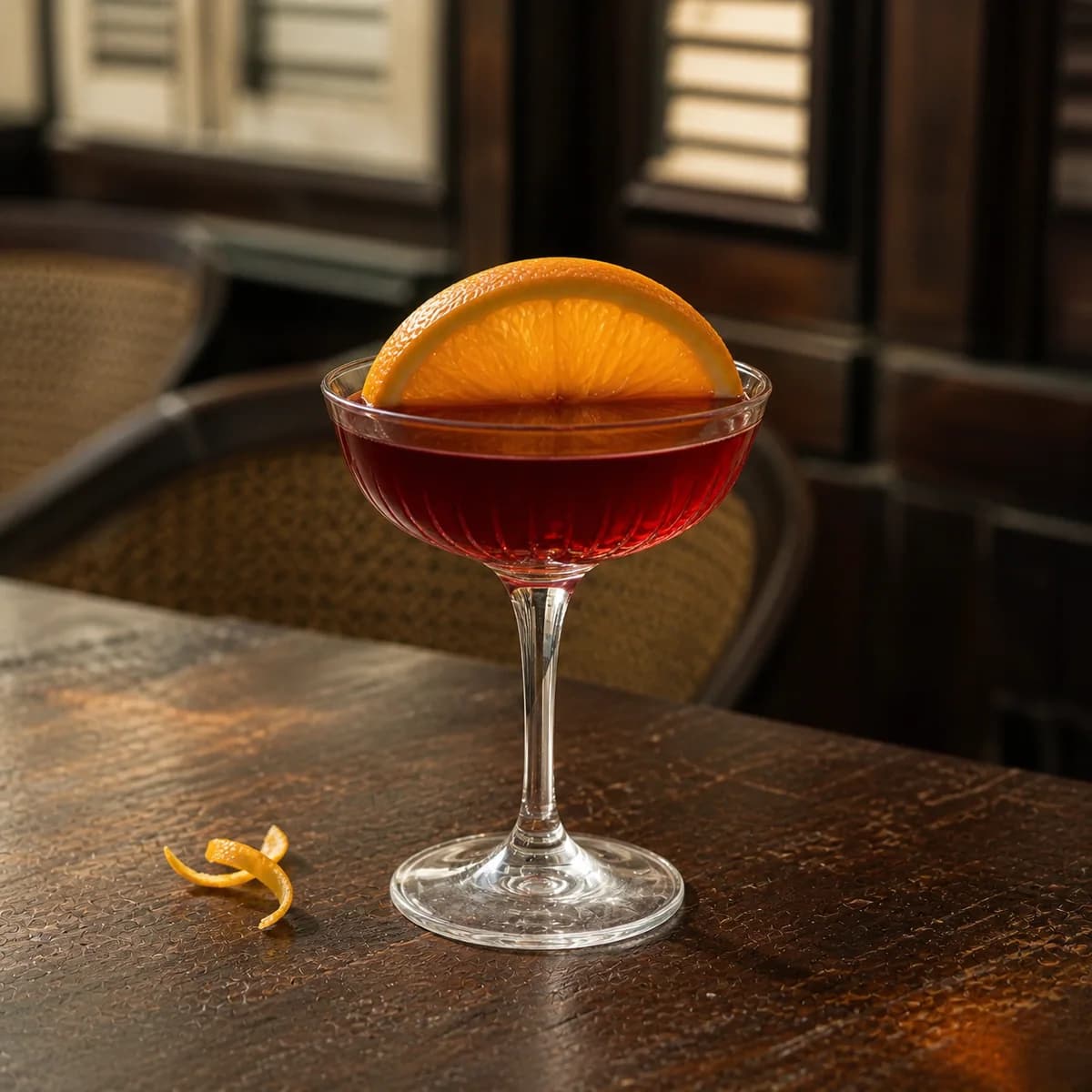 Fair and Warmer in a clear shallow coupe styled in a quiet colonial gallery bar with worn cane furniture, dark mahogany and cream shutters.