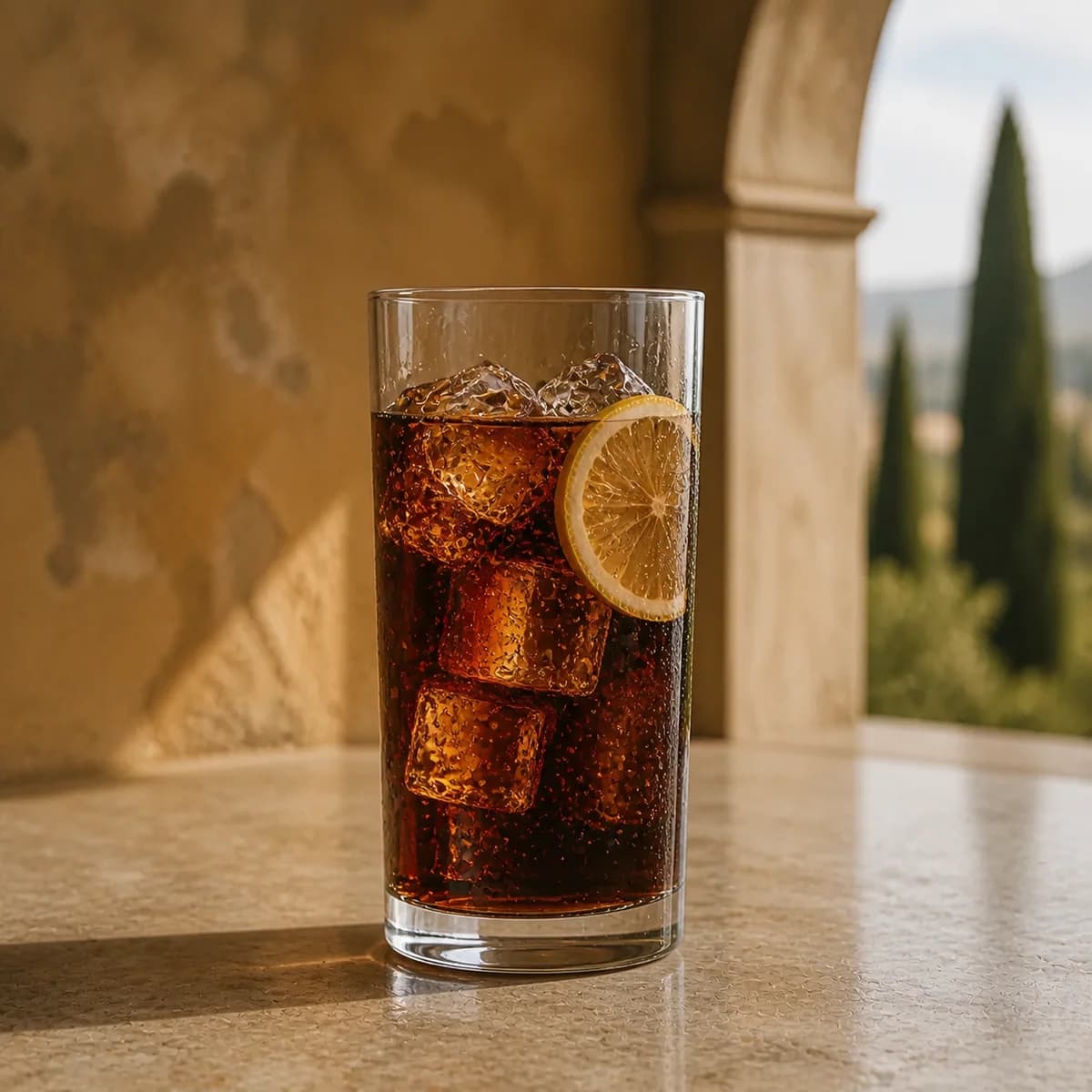 Fernet and Coke in a tall straight-sided highball glass styled in a shaded portico bar with sun-faded ochre render, cool stone and distant cypress blur.
