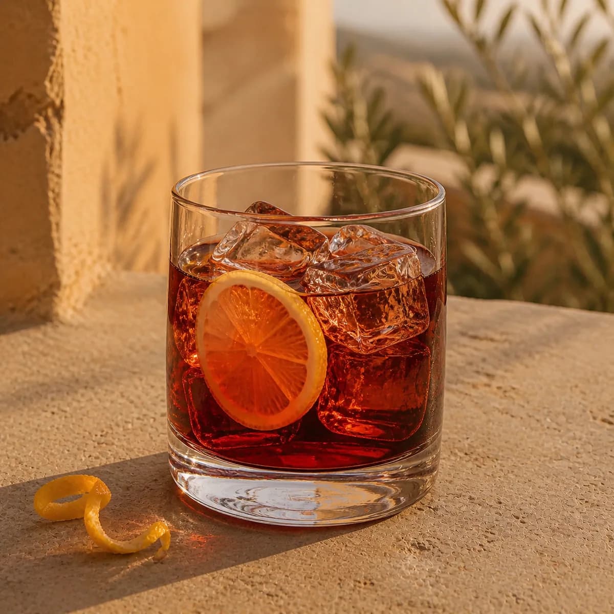 Ferrari in a heavy low rocks glass styled in an Italian terrace with faded apricot stucco, pale limestone and blurred olive leaves.