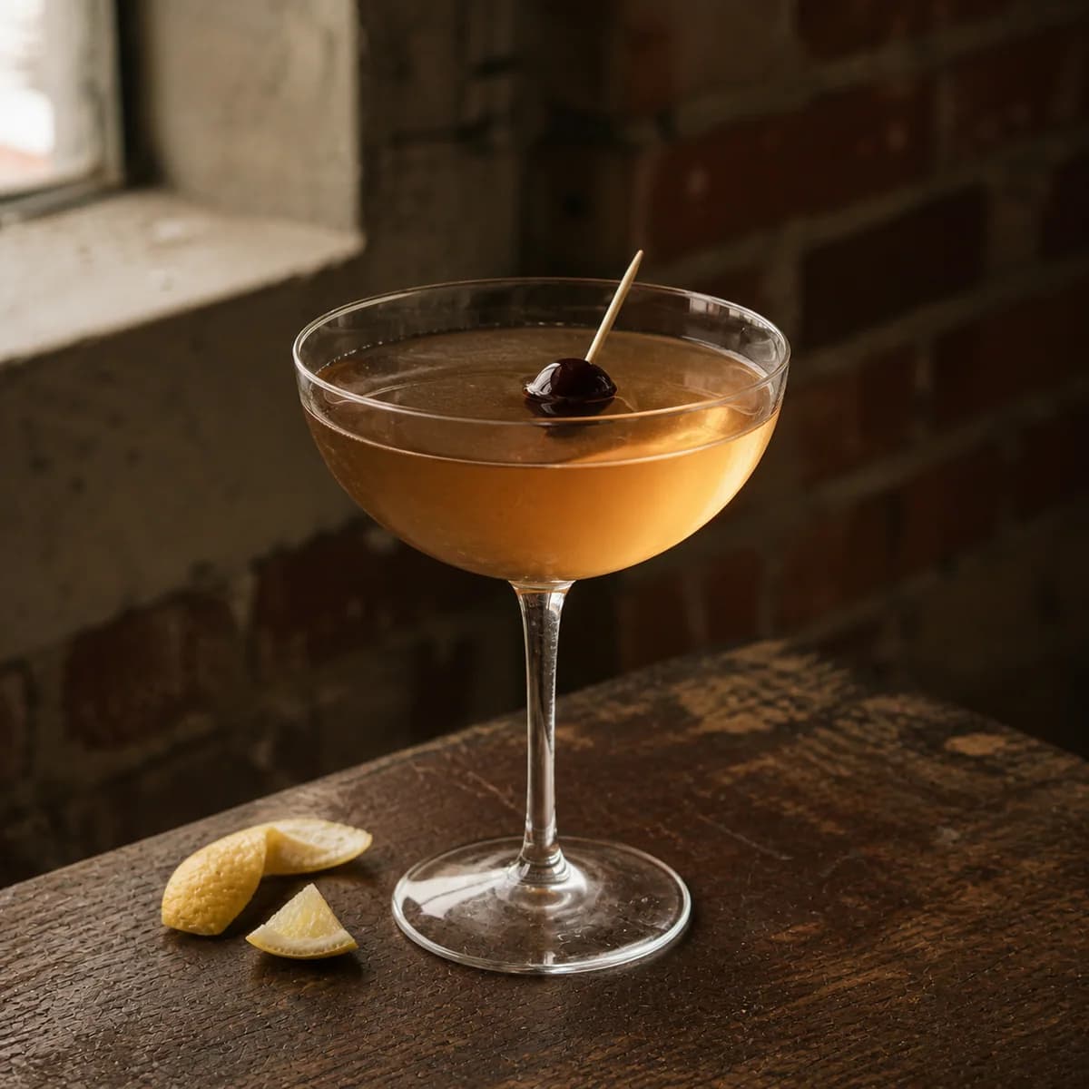 Final Ward in a clear shallow coupe styled in a refined warehouse tasting bar with rough brick, charred oak and one high factory window.