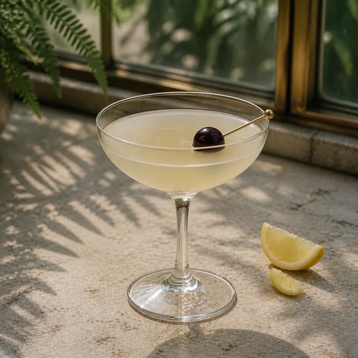 Fine and Dandy in a clear shallow coupe styled in a glasshouse café bar with pale stone, fern shadows and lightly weathered brass.