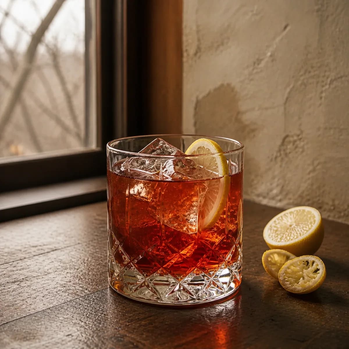 Fish House Punch in a heavy low rocks glass styled in an old orchard inn bar with pale plaster, applewood and a soft window looking onto bare branches.