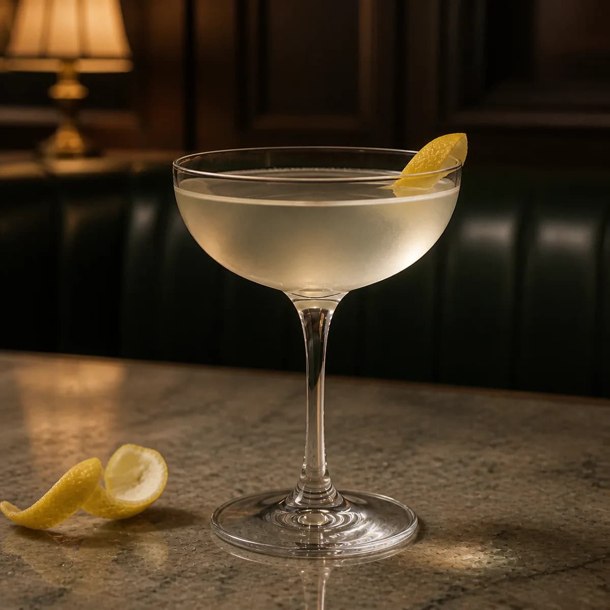 Fitzgerald in a clear shallow coupe styled in a quiet old hotel bar with sage leather, dark oak and one shaded brass lamp.