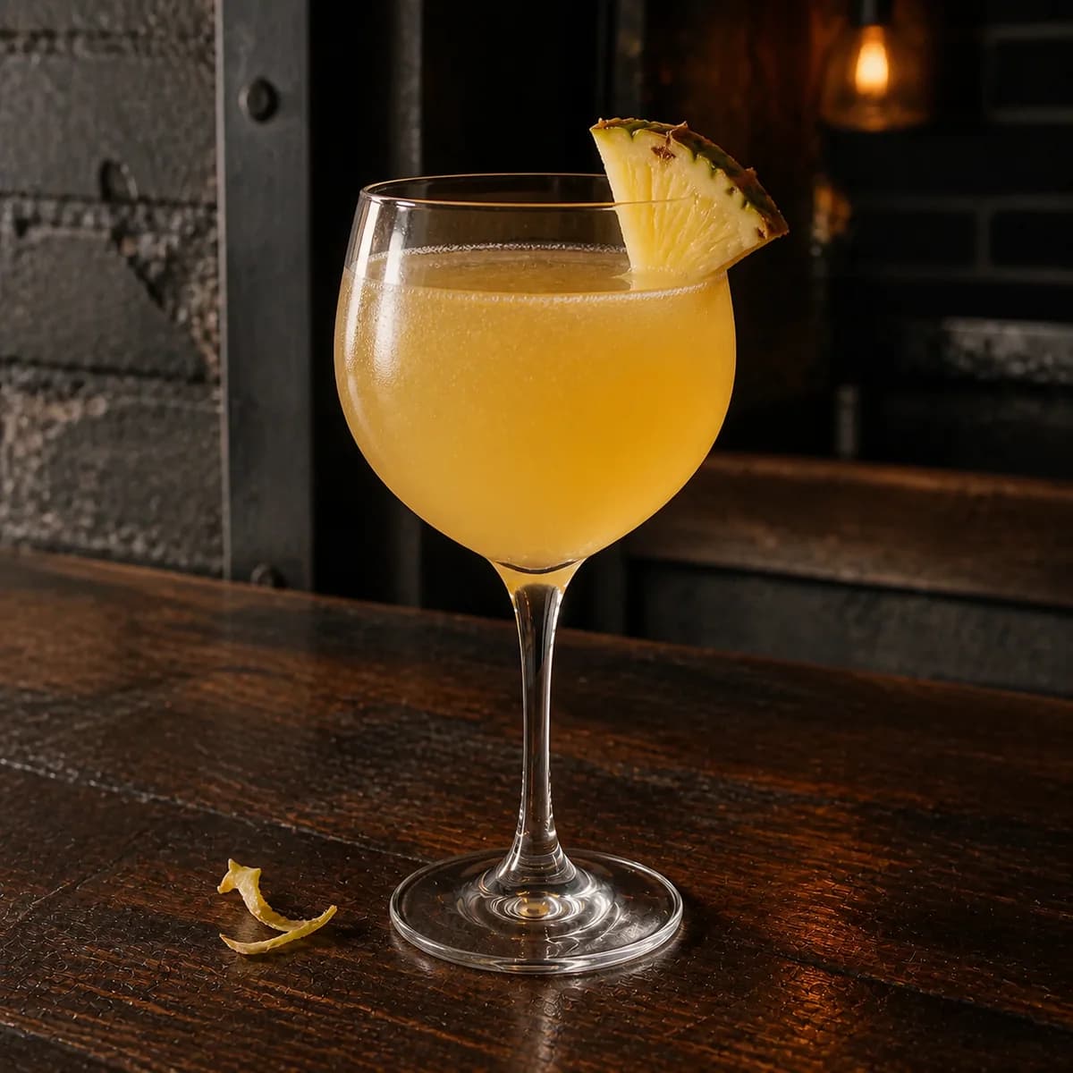 Flirtini in a large stemmed balloon wine glass styled in a lived-in industrial loft bar with charcoal brick, scratched walnut and aged metal details.