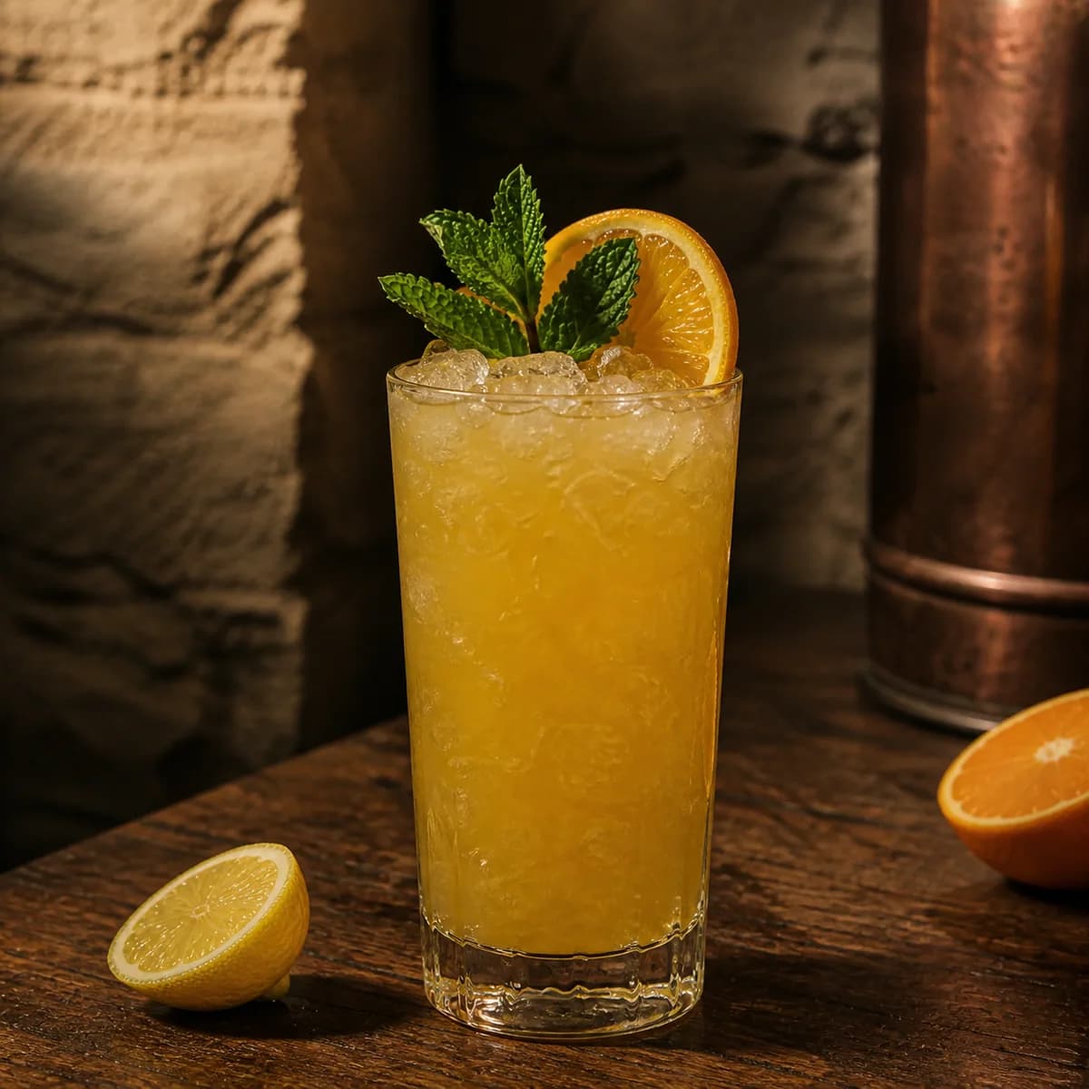 Fog Cutter in a tall straight-sided highball glass styled in an intimate cellar salon with limewashed masonry, old oak and tarnished copper.