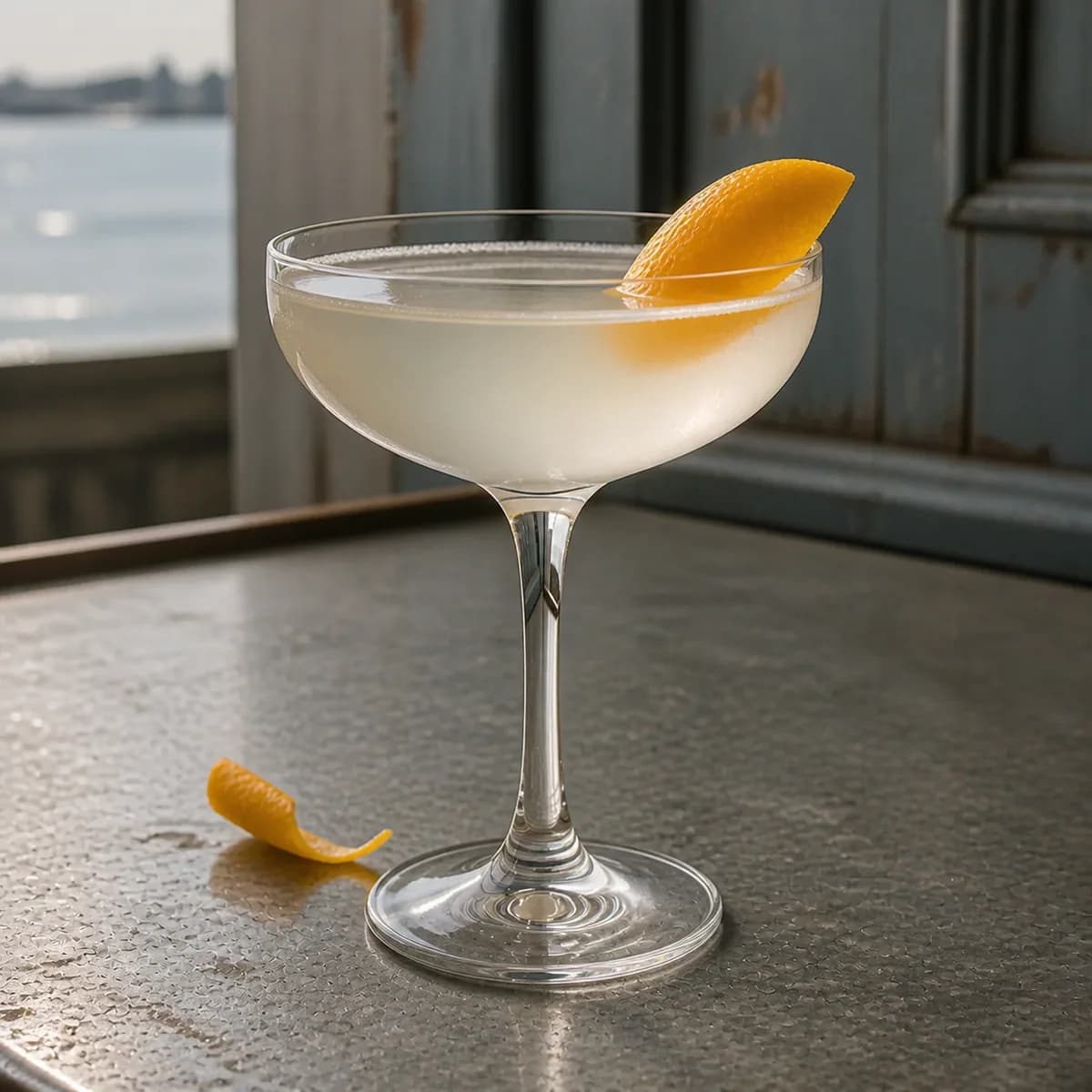 Ford Cocktail in a clear shallow coupe styled in a coastal brasserie bar with weathered blue-gray paneling, zinc counter and hazy sea light.