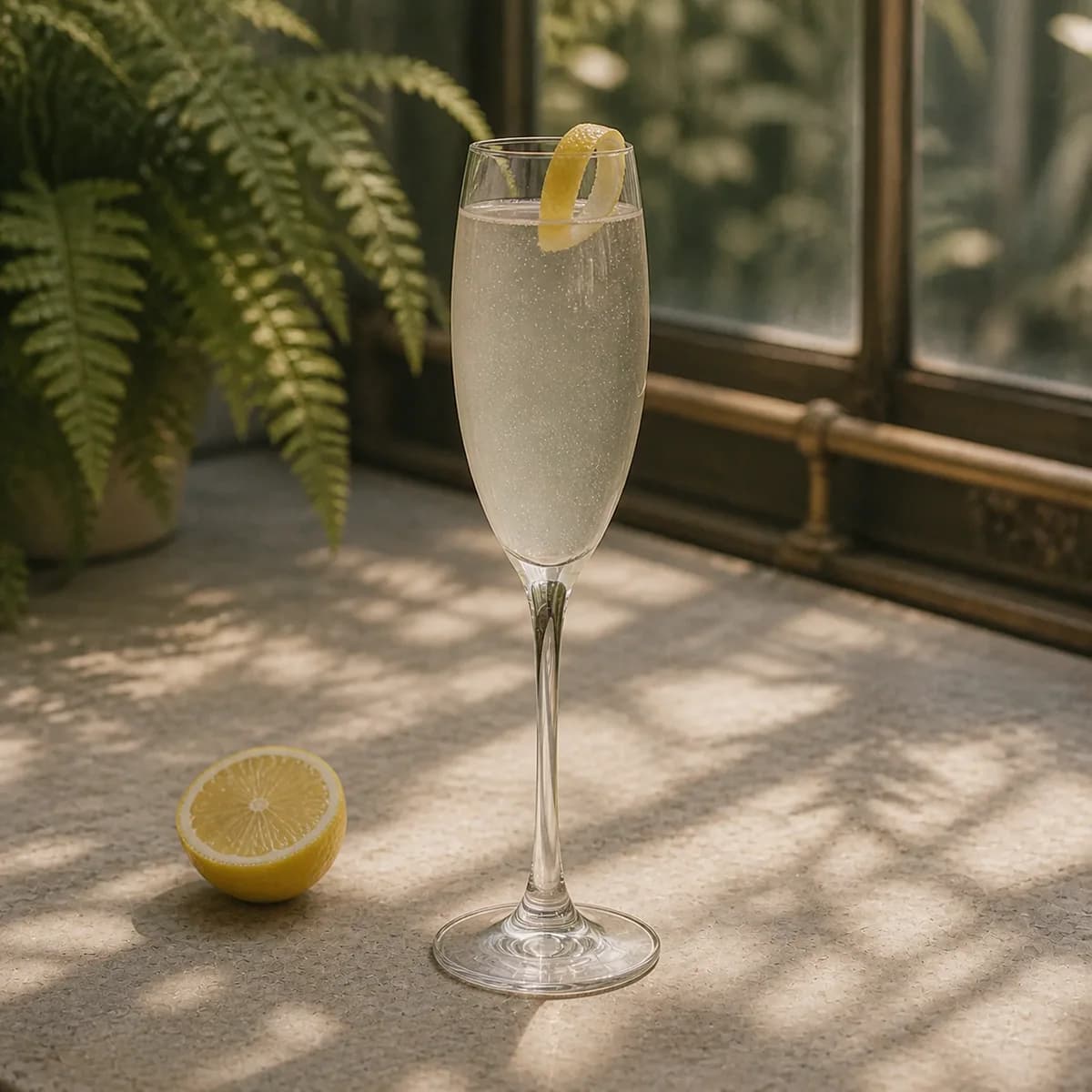 French 75 in a slender champagne flute styled in a glasshouse café bar with pale stone, fern shadows and lightly weathered brass.