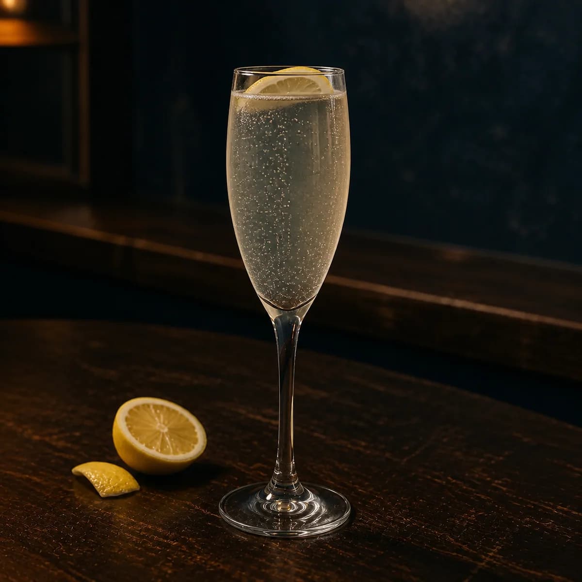French 76 in a slender champagne flute styled in a late-night espresso bar with smoky navy limewash, scratched dark oak and restrained chrome highlights.