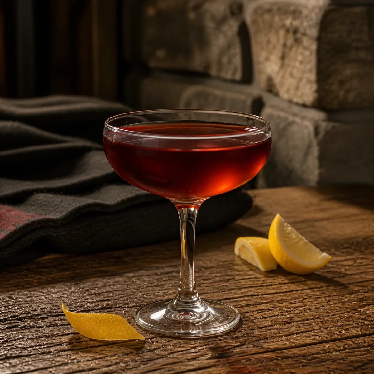 Frisco in a clear shallow coupe styled in a mountain lodge bar with timeworn oak, dark wool and rough local stone.