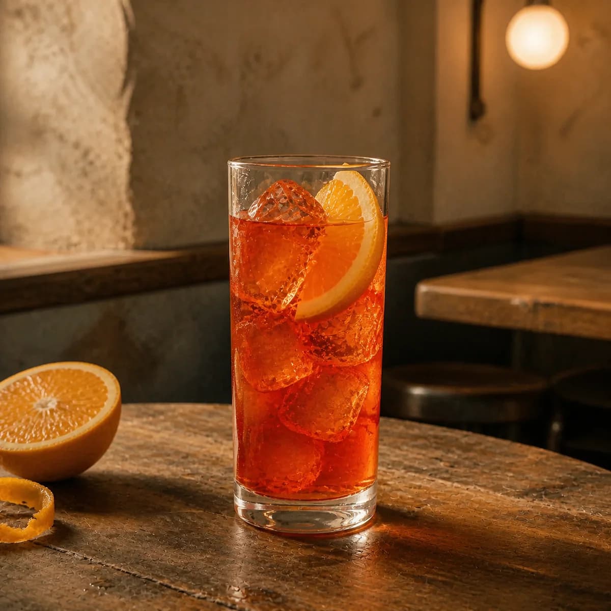 Garibaldi in a tall straight-sided highball glass styled in a compact European wine bar with limewashed walls, old oak and a single shaded globe.