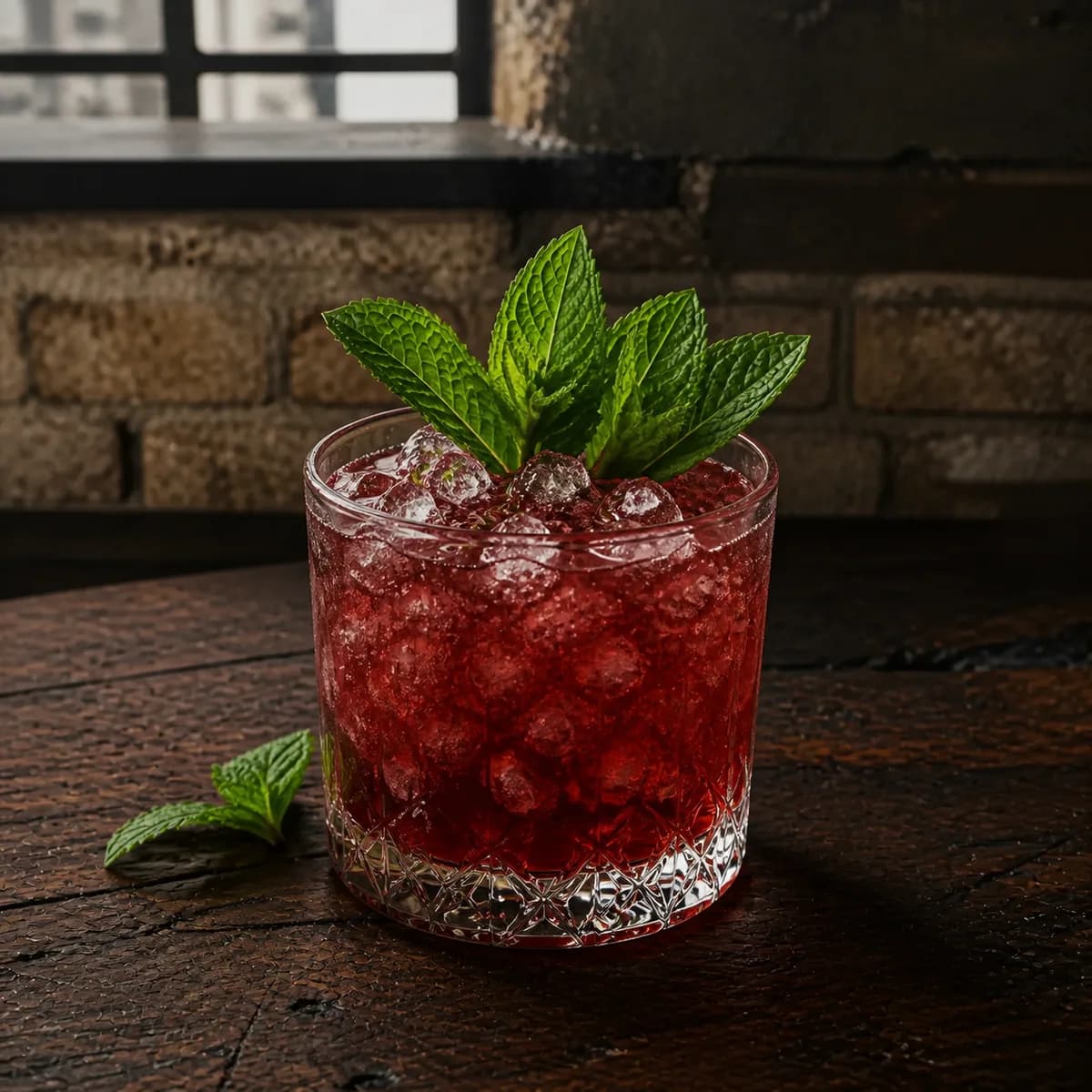 Georgia Mint Julep in a heavy low rocks glass styled in a refined warehouse tasting bar with rough brick, charred oak and one high factory window.