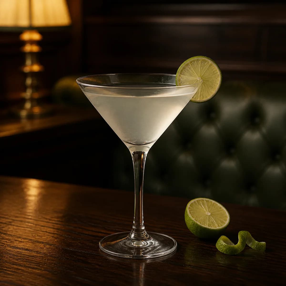 Gimlet in a sharp V-shaped martini glass styled in a quiet old hotel bar with sage leather, dark oak and one shaded brass lamp.