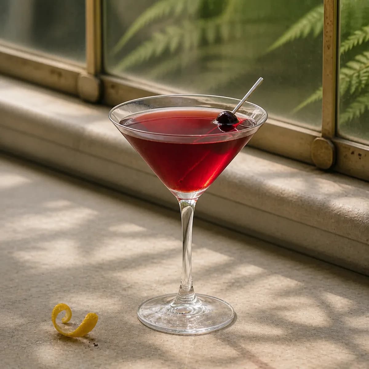 Gin & It in a sharp V-shaped martini glass styled in a glasshouse café bar with pale stone, fern shadows and lightly weathered brass.