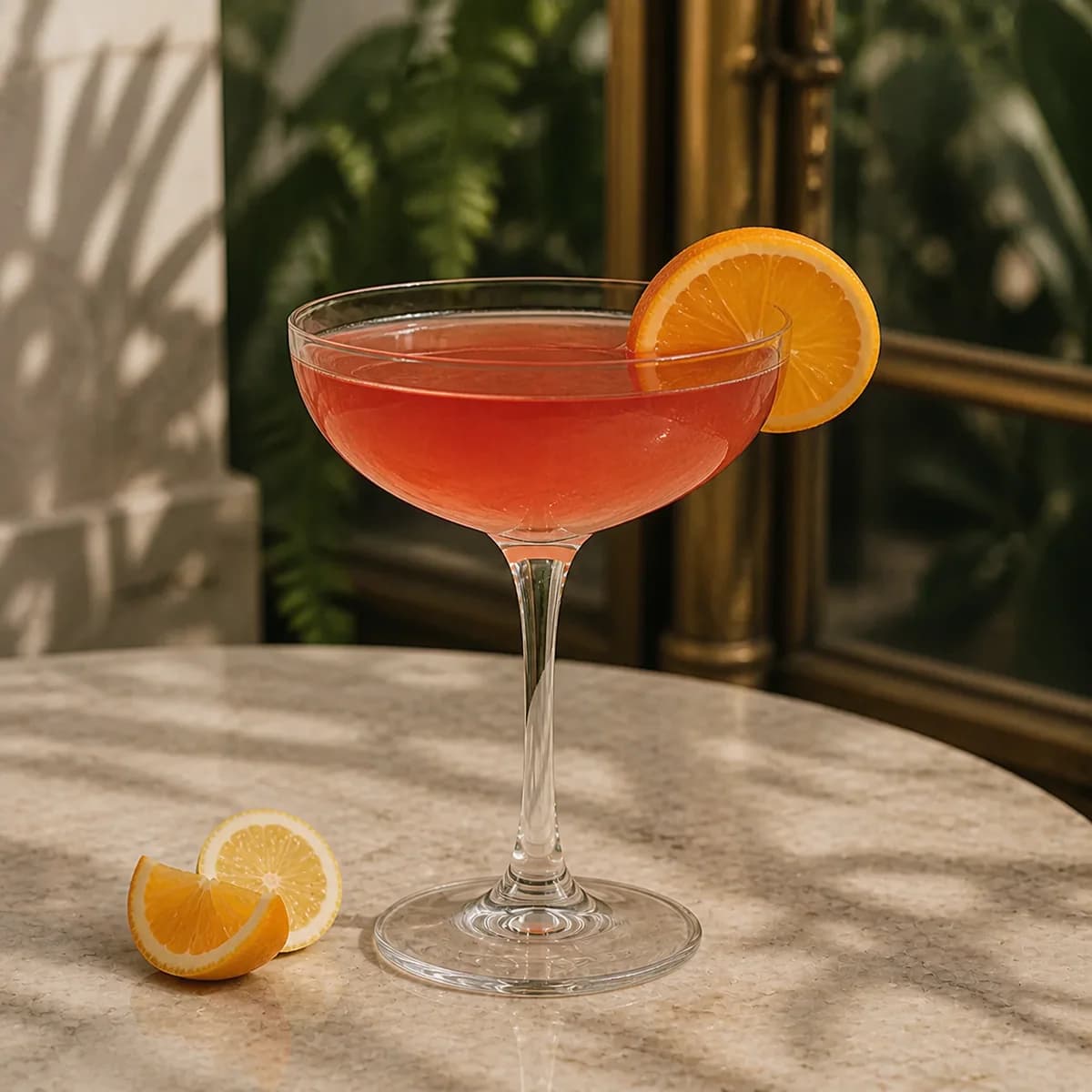 Gin and Sin in a clear shallow coupe styled in a glasshouse café bar with pale stone, fern shadows and lightly weathered brass.