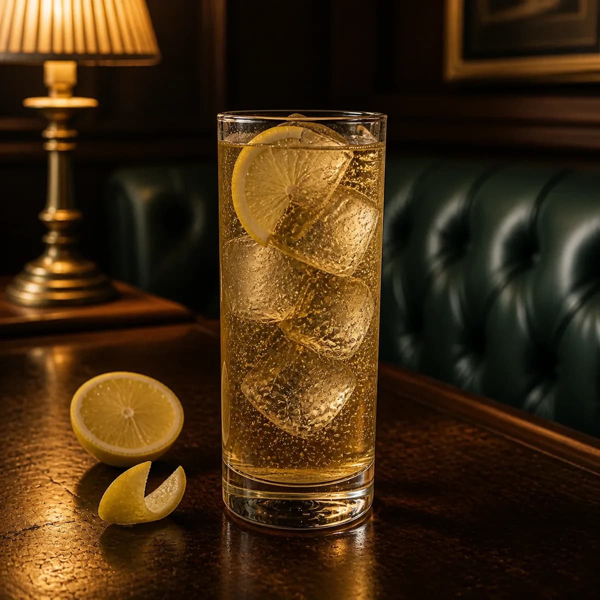 Gin Buck in a tall straight-sided highball glass styled in a quiet old hotel bar with sage leather, dark oak and one shaded brass lamp.