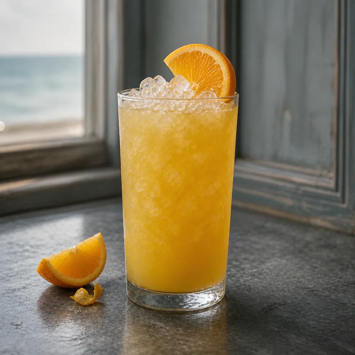 Gin Cobbler in a tall straight-sided highball glass styled in a coastal brasserie bar with weathered blue-gray paneling, zinc counter and hazy sea light.