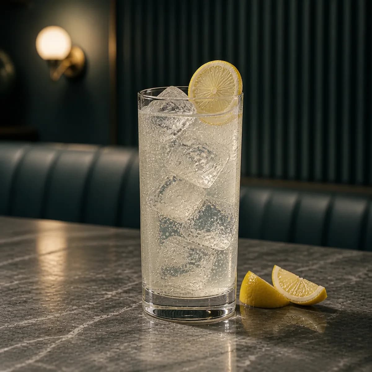 Gin Cooler in a tall straight-sided highball glass styled in a cool Art Deco hotel bar with smoky teal fluting, pale gray marble and one asymmetric opal sconce.