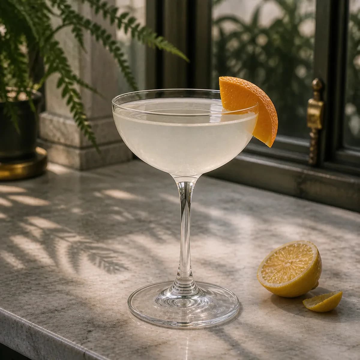 Gin Crusta in a clear shallow coupe styled in a glasshouse café bar with pale stone, fern shadows and lightly weathered brass.
