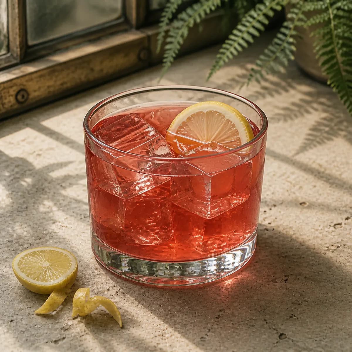 Gin Daisy in a heavy low rocks glass styled in a glasshouse café bar with pale stone, fern shadows and lightly weathered brass.
