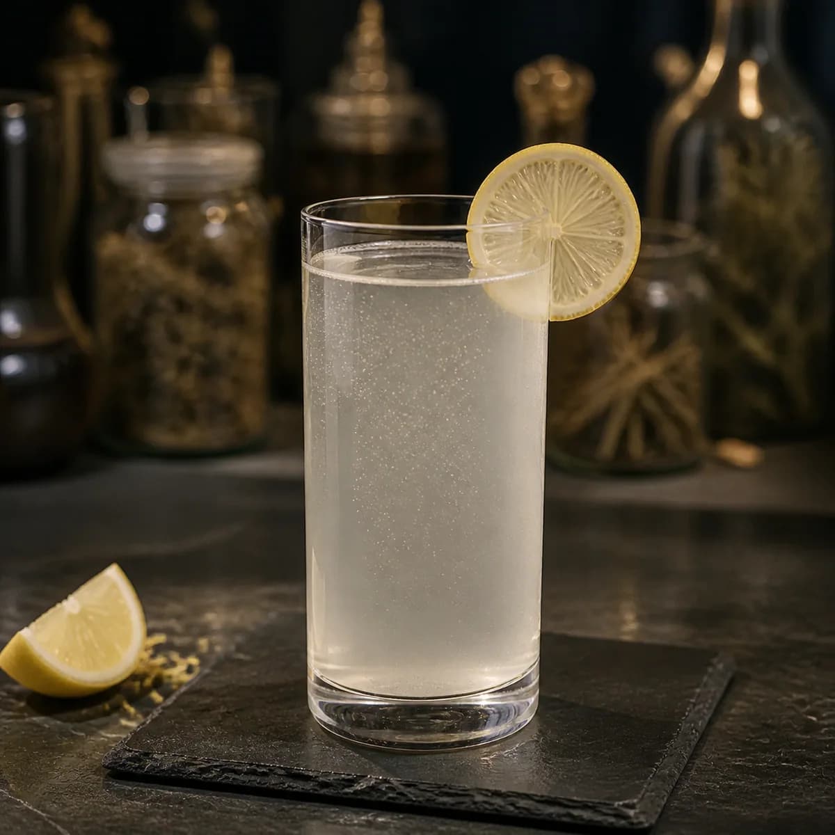 Gin Fizz in a tall straight-sided highball glass styled in a modern apothecary-style bar with charcoal slate, smoked glass and unlabeled botanical jars in blur.