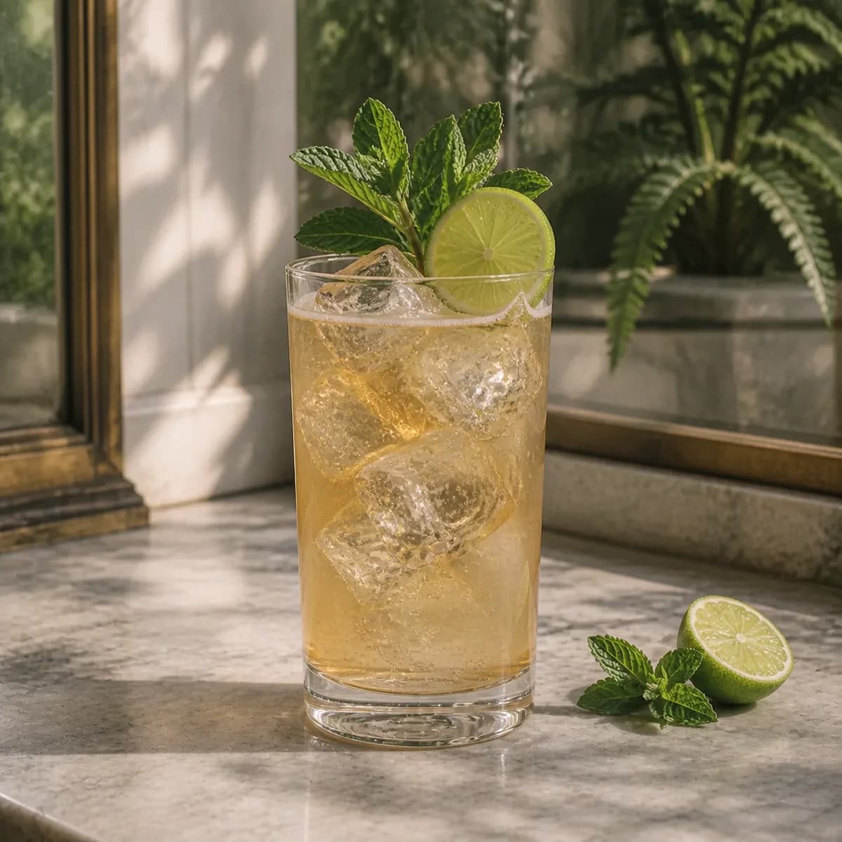 Gin-Gin Mule in a tall straight-sided highball glass styled in a glasshouse café bar with pale stone, fern shadows and lightly weathered brass.
