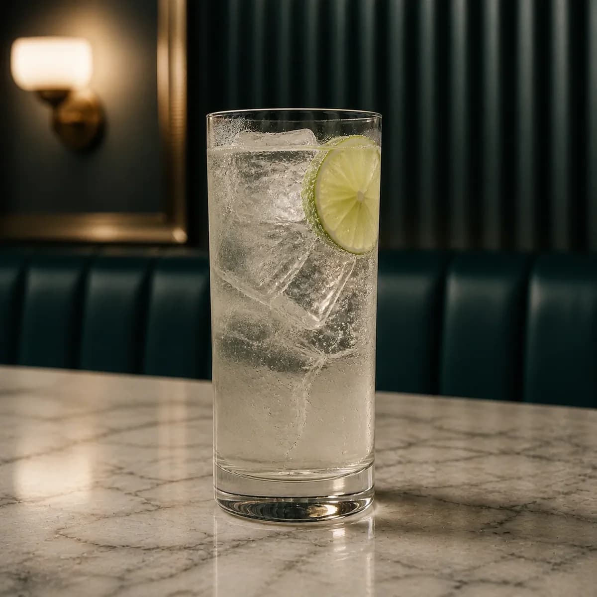 Gin Rickey in a tall straight-sided highball glass styled in a cool Art Deco hotel bar with smoky teal fluting, pale gray marble and one asymmetric opal sconce.