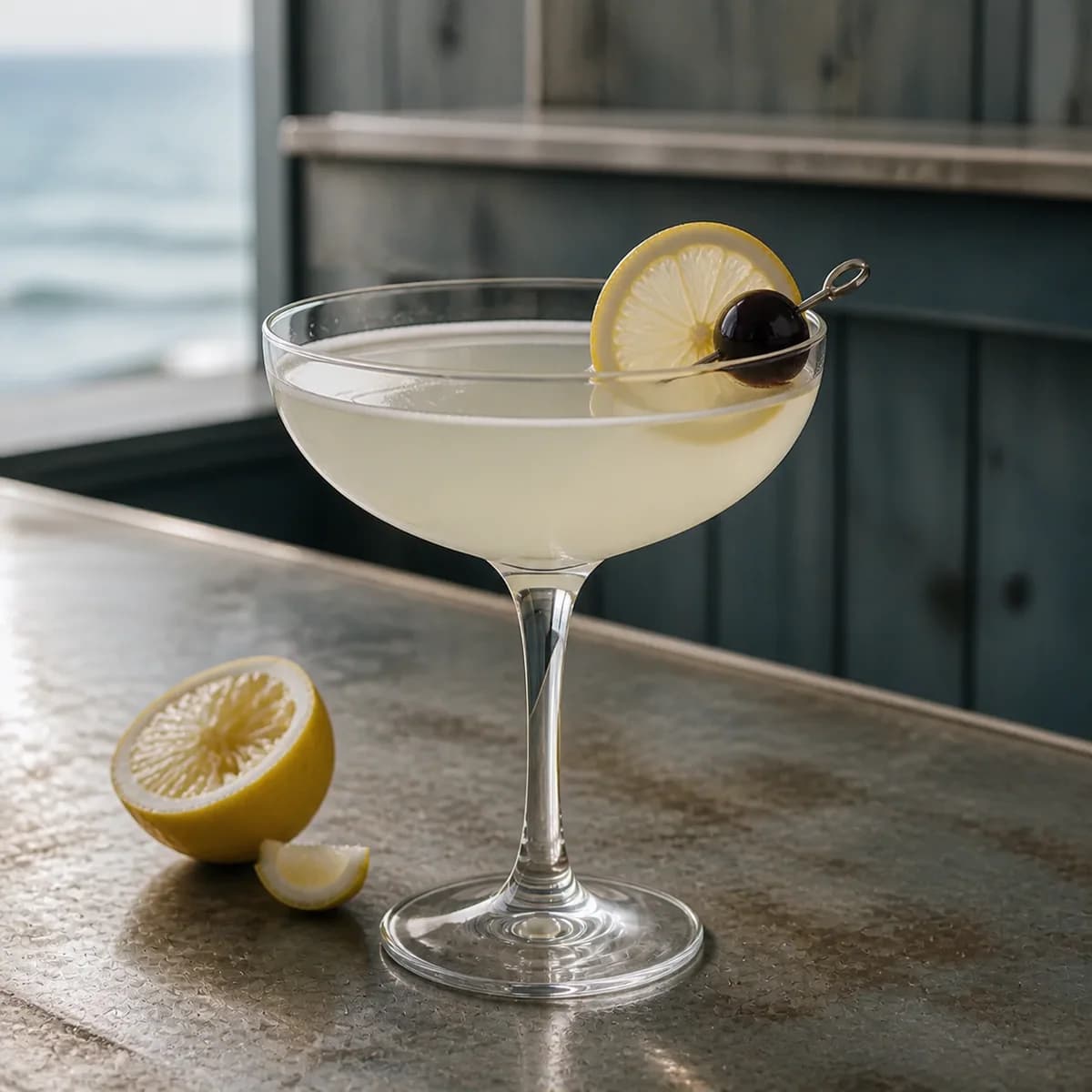 Gin Sour in a clear shallow coupe styled in a coastal brasserie bar with weathered blue-gray paneling, zinc counter and hazy sea light.
