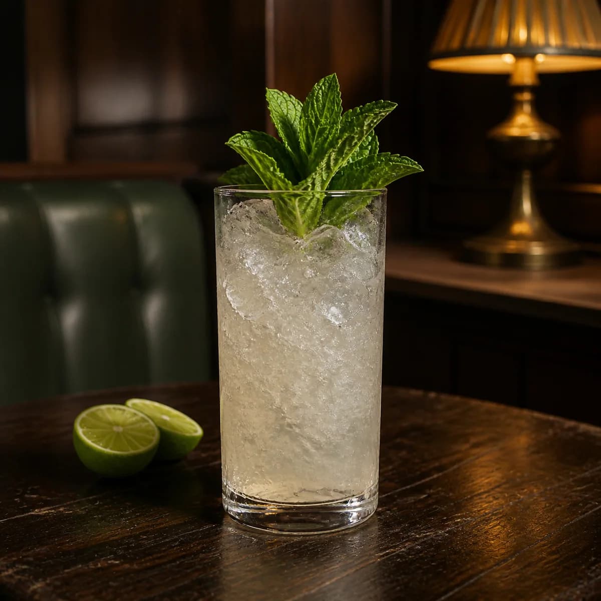 Gin Swizzle in a tall straight-sided highball glass styled in a quiet old hotel bar with sage leather, dark oak and one shaded brass lamp.