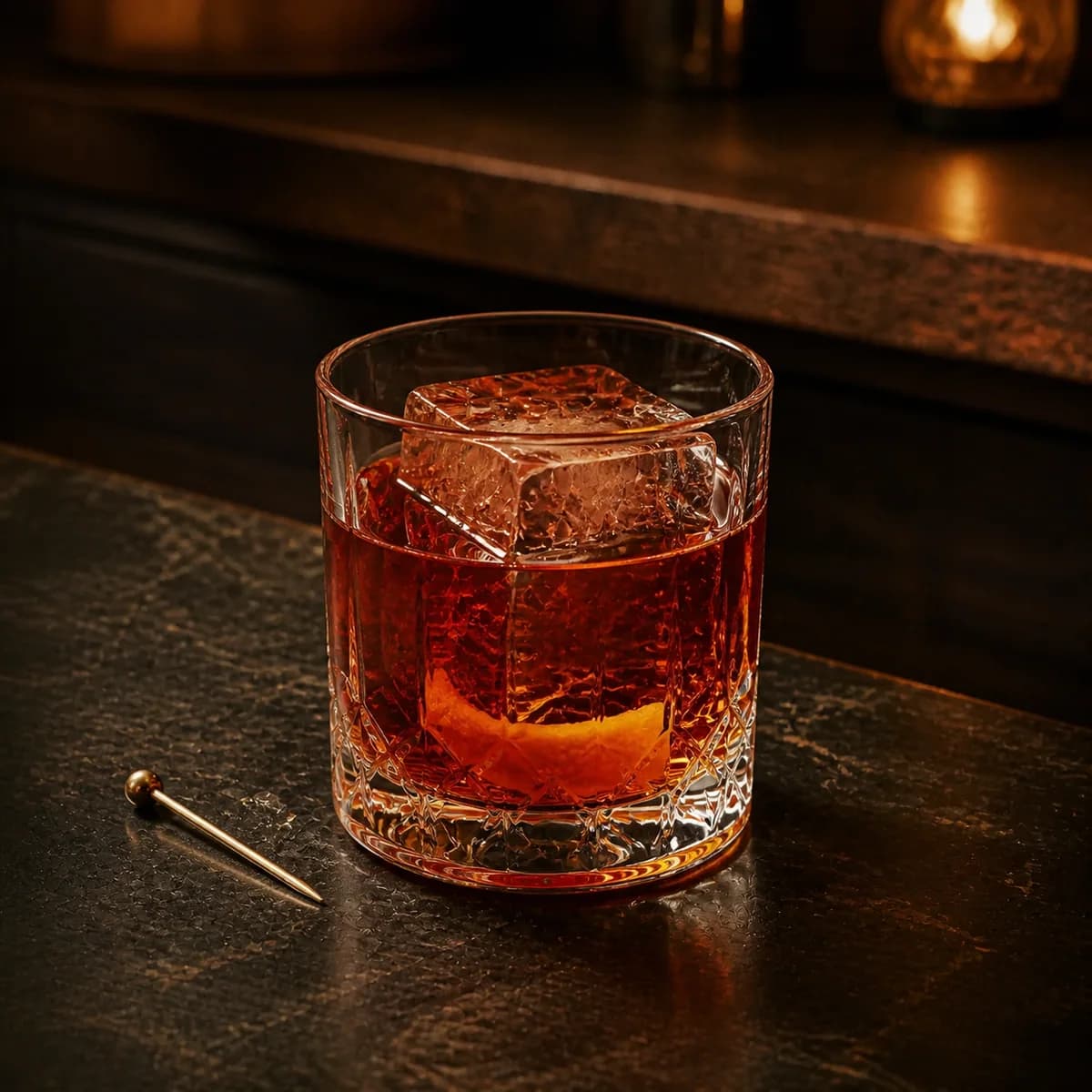 Godfather in a heavy low rocks glass styled in a neighborhood speakeasy with irregular dark-walnut shelves and worn black soapstone.