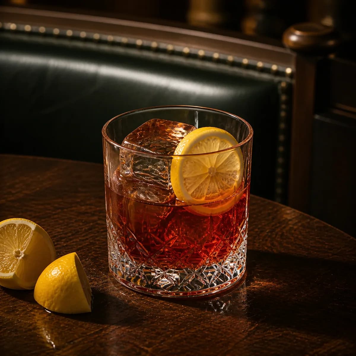 Gold Rush in a heavy low rocks glass styled in an old railway club bar with bottle-green leather, mahogany and aged nickel.