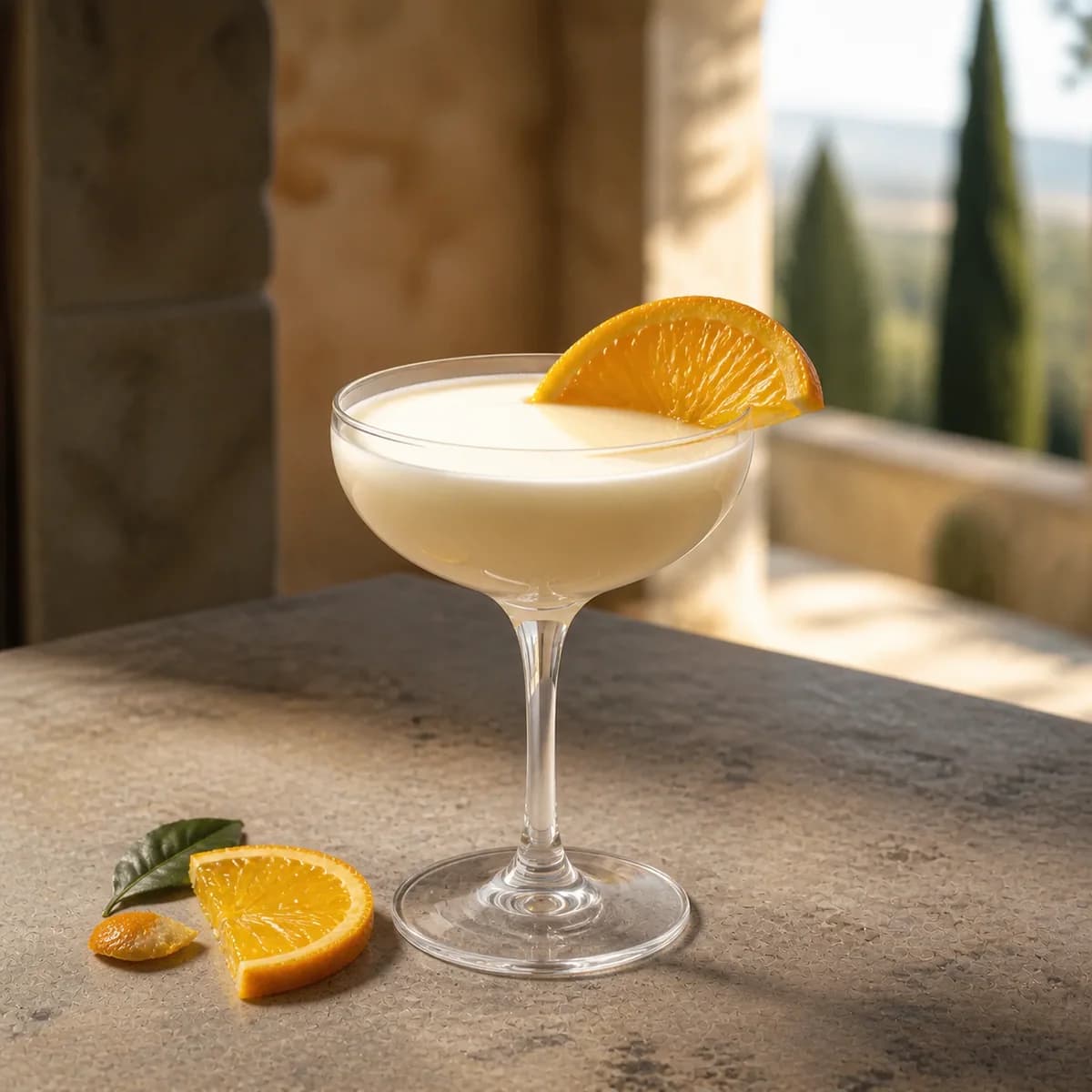 Golden Dream in a clear shallow coupe styled in a shaded portico bar with sun-faded ochre render, cool stone and distant cypress blur.