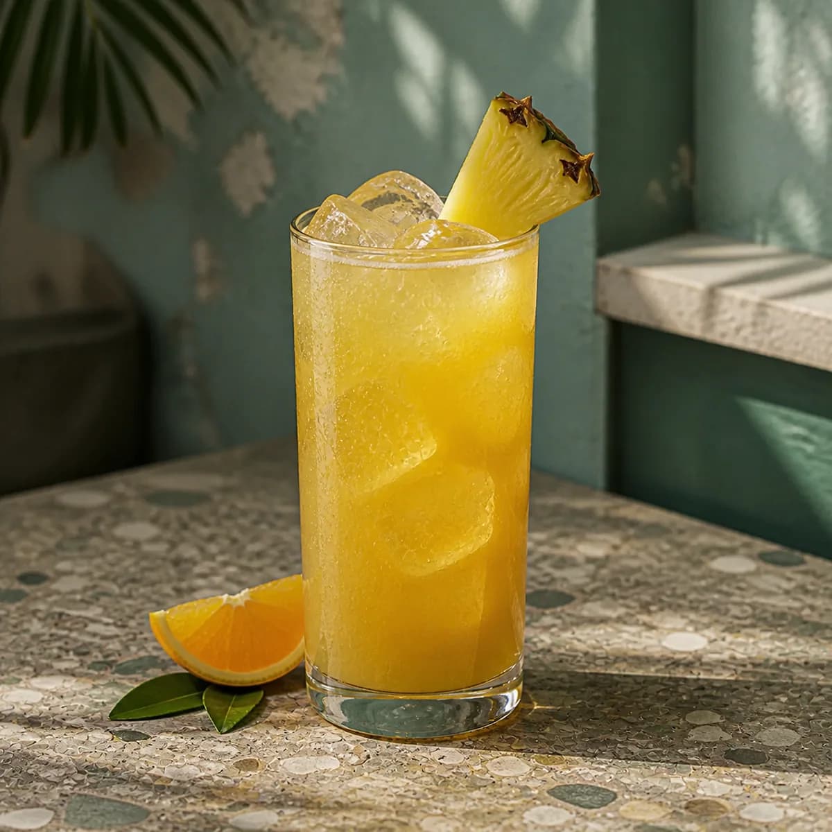 Goombay Smash in a tall straight-sided highball glass styled in a shaded island courtyard bar with faded sea-green render, old terrazzo and a single palm shadow.