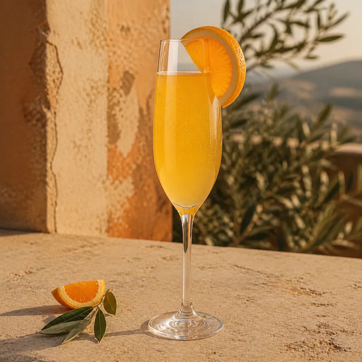 Grand Mimosa in a slender champagne flute styled in an Italian terrace with faded apricot stucco, pale limestone and blurred olive leaves.