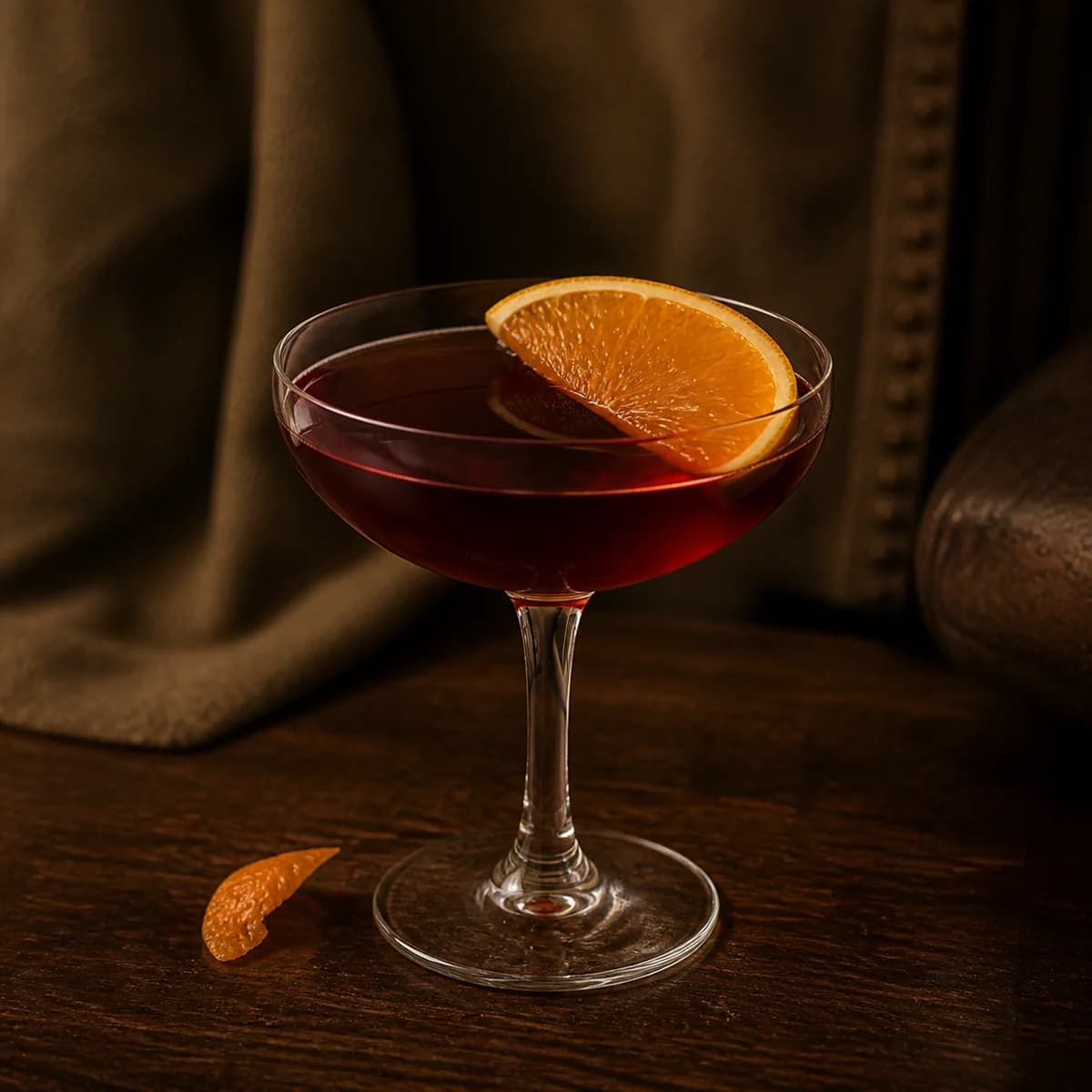 Green Room in a clear shallow coupe styled in a quiet drawing-room bar with tobacco linen, walnut and one worn leather chair edge.