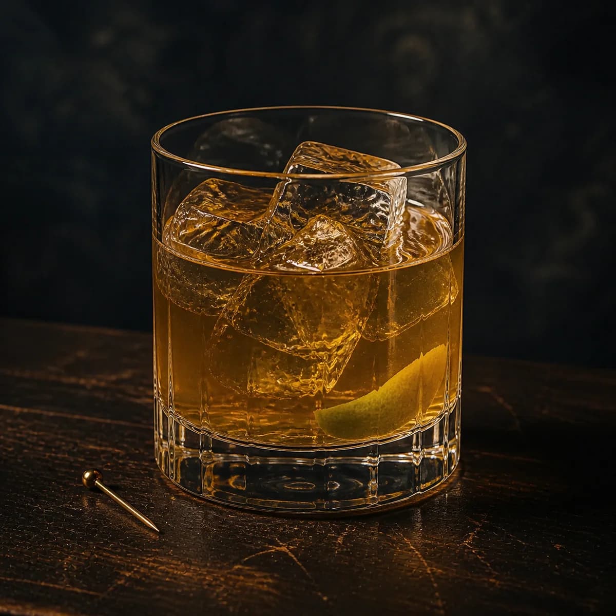 Green Russian in a heavy low rocks glass styled in a late-night espresso bar with smoky navy limewash, scratched dark oak and restrained chrome highlights.