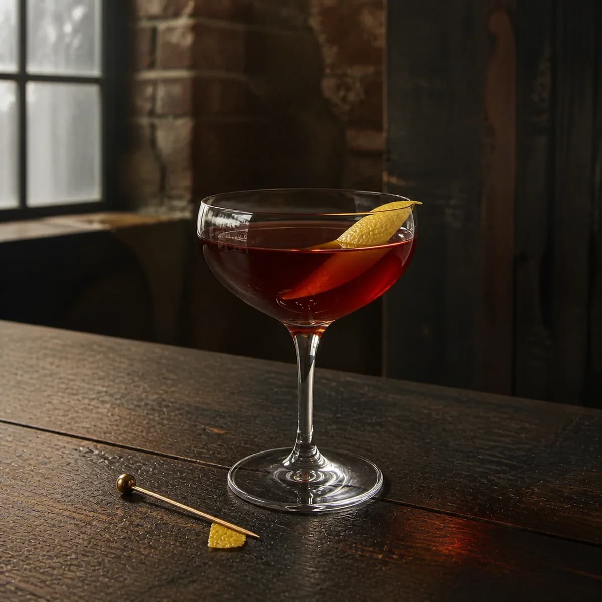 Greenpoint in a clear shallow coupe styled in a refined warehouse tasting bar with rough brick, charred oak and one high factory window.