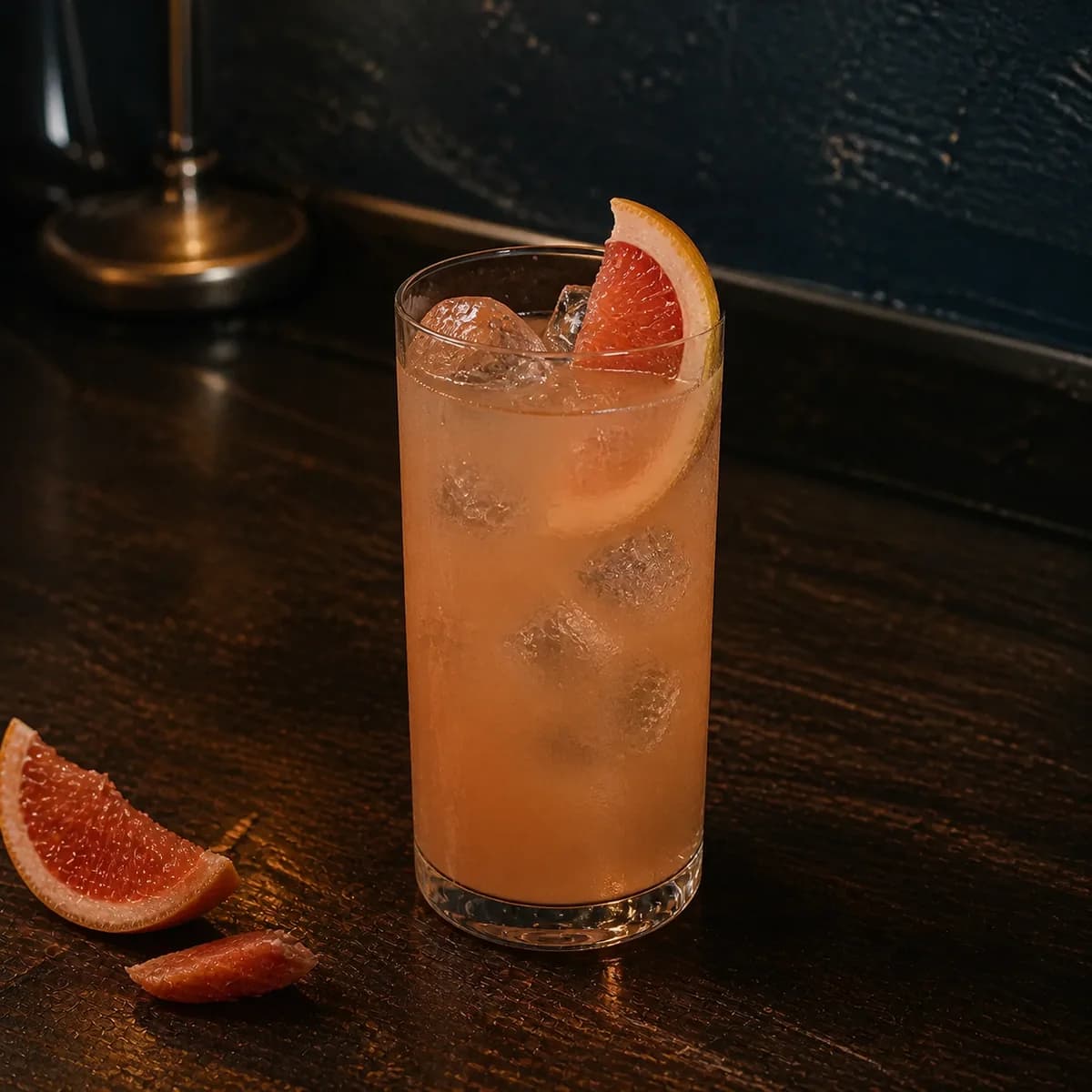 Greyhound in a tall straight-sided highball glass styled in a late-night espresso bar with smoky navy limewash, scratched dark oak and restrained chrome highlights.