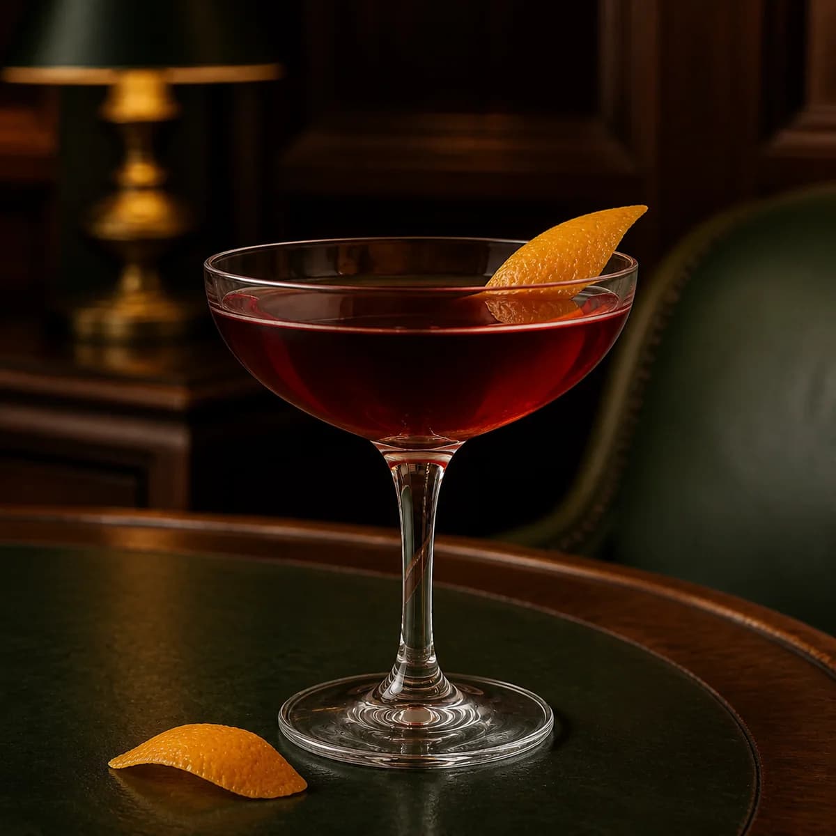 Hanky Panky in a clear shallow coupe styled in a quiet old hotel bar with sage leather, dark oak and one shaded brass lamp.