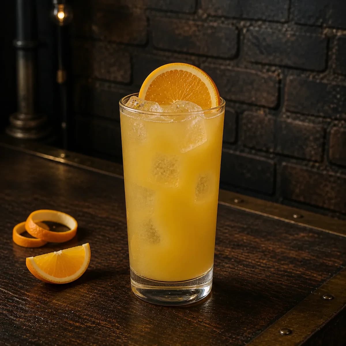 Harvey Wallbanger in a tall straight-sided highball glass styled in a lived-in industrial loft bar with charcoal brick, scratched walnut and aged metal details.