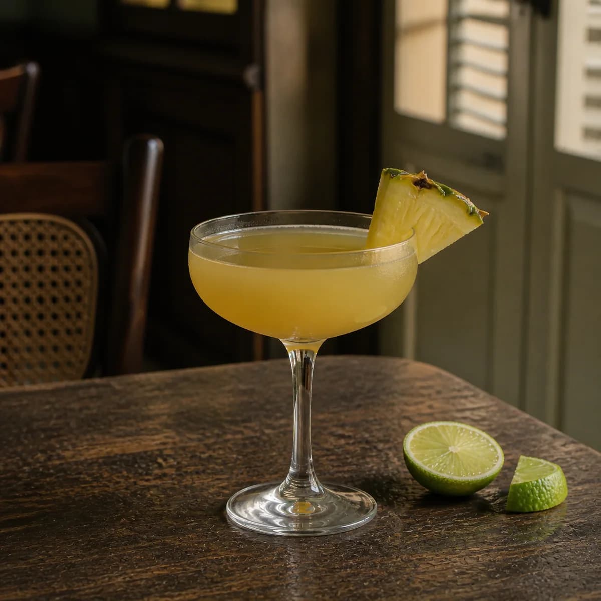 Havana Special in a clear shallow coupe styled in a quiet colonial gallery bar with worn cane furniture, dark mahogany and cream shutters.