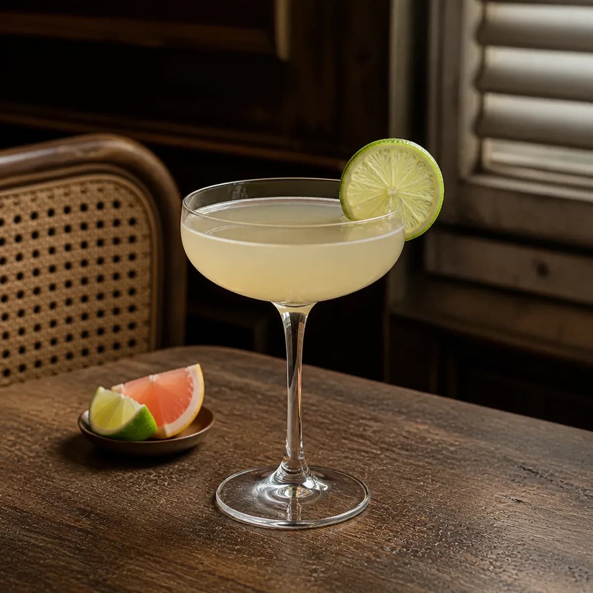 Hemingway Daiquiri in a clear shallow coupe styled in a quiet colonial gallery bar with worn cane furniture, dark mahogany and cream shutters.