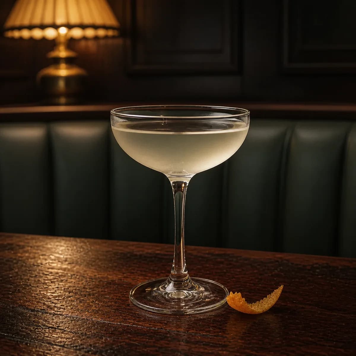 Hoffman House in a clear shallow coupe styled in a quiet old hotel bar with sage leather, dark oak and one shaded brass lamp.