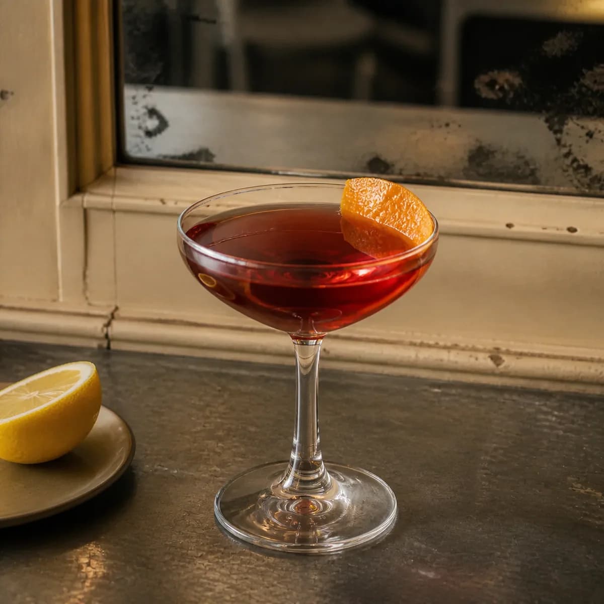 Honeymoon in a clear shallow coupe styled in a small French café bar with aged mirror, zinc counter and cream-painted wood.