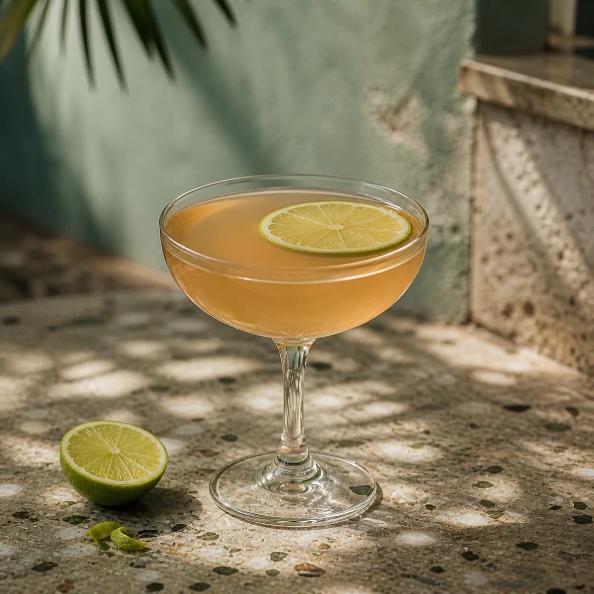 Honeysuckle in a clear shallow coupe styled in a shaded island courtyard bar with faded sea-green render, old terrazzo and a single palm shadow.