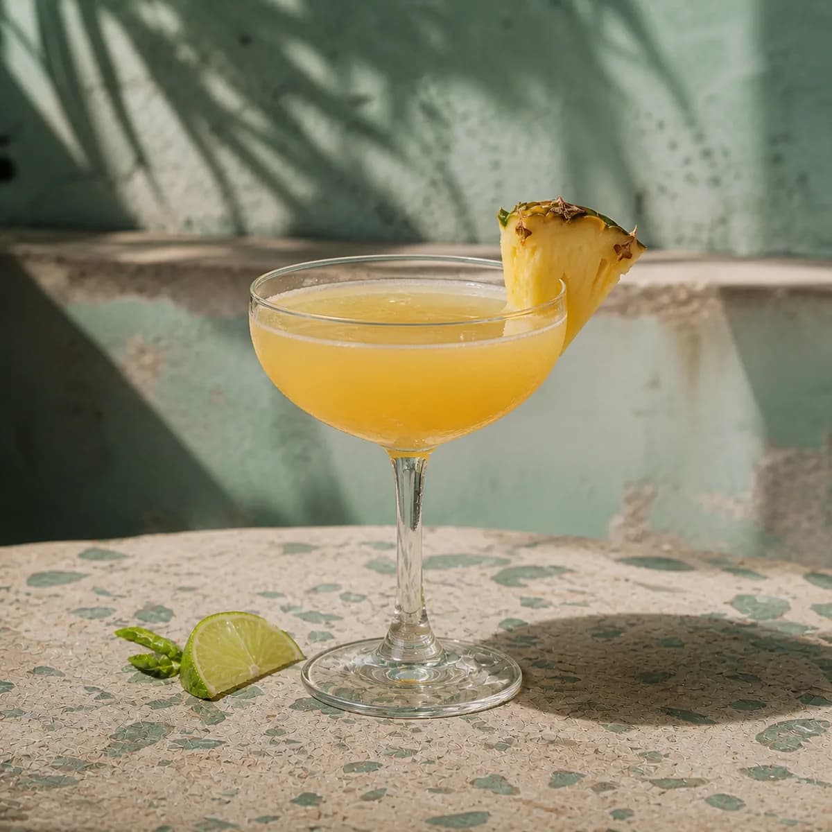 Hotel Nacional in a clear shallow coupe styled in a shaded island courtyard bar with faded sea-green render, old terrazzo and a single palm shadow.