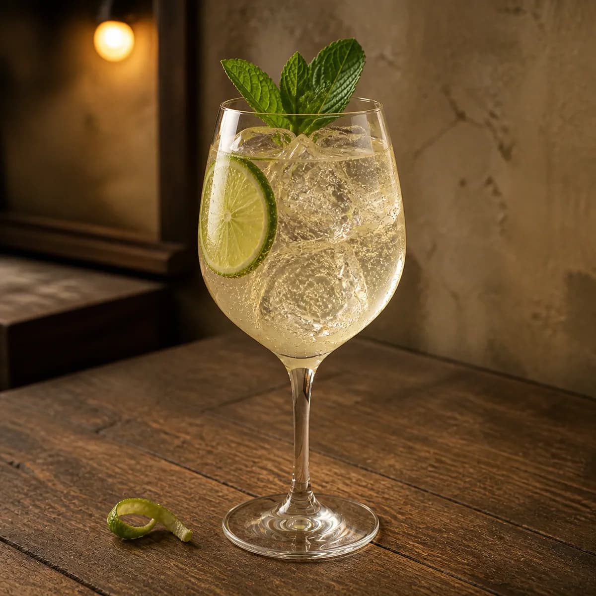 Hugo Spritz in a large stemmed balloon wine glass styled in a compact European wine bar with limewashed walls, old oak and a single shaded globe.