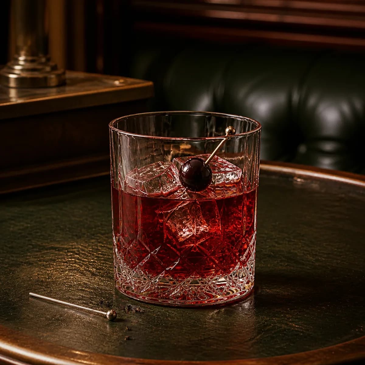 Hunter in a heavy low rocks glass styled in an old railway club bar with bottle-green leather, mahogany and aged nickel.